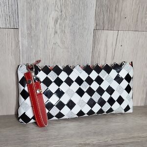 Nahui Ollin Recycled Candy Wrapper Wristlet Clutch Removeable Strap Checkered